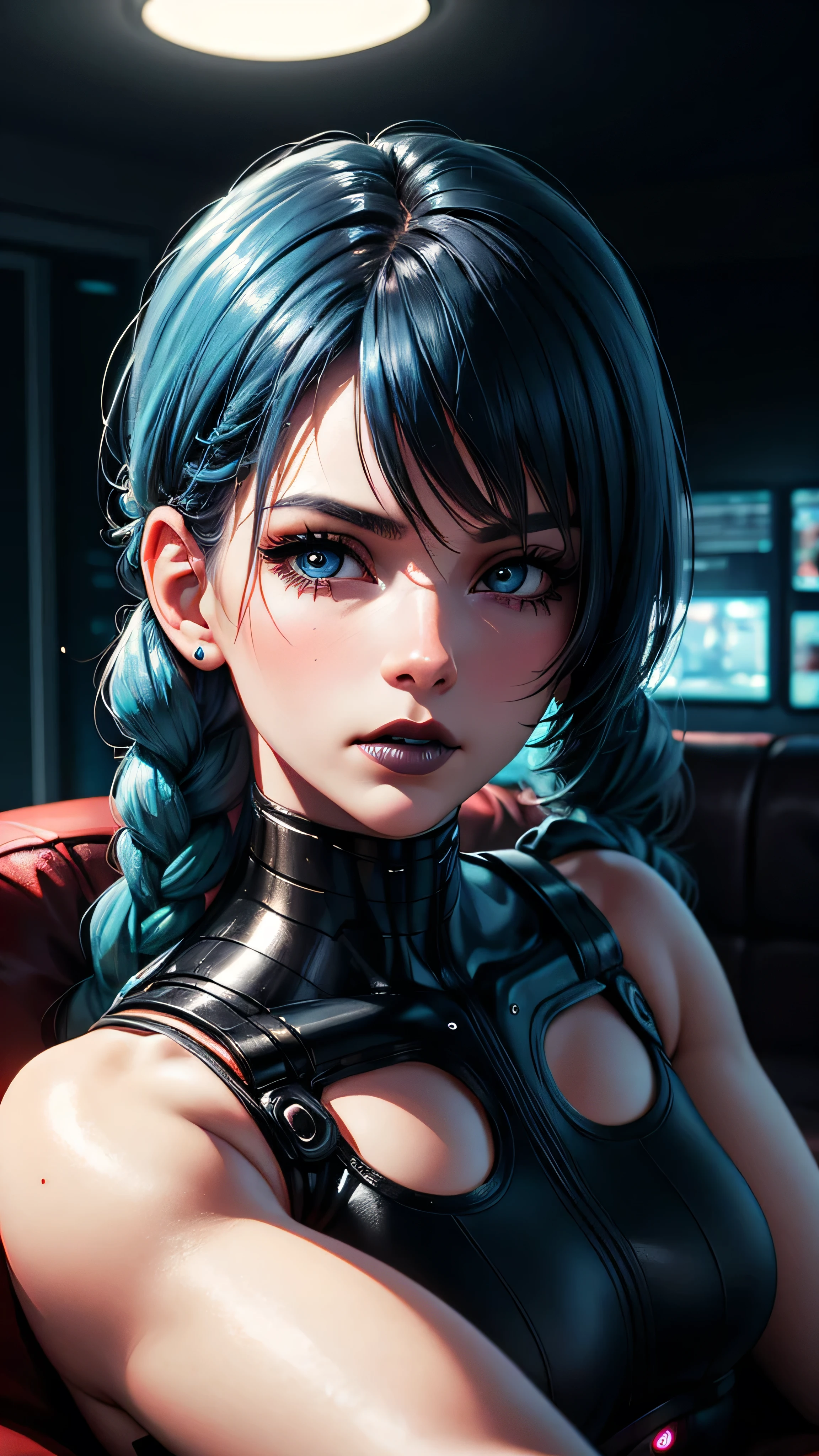  Brown hair, cyberpunk, blue hair,  breast, split, сексуальны,, and also wear round black glasses.  ((show your hard red nipples))