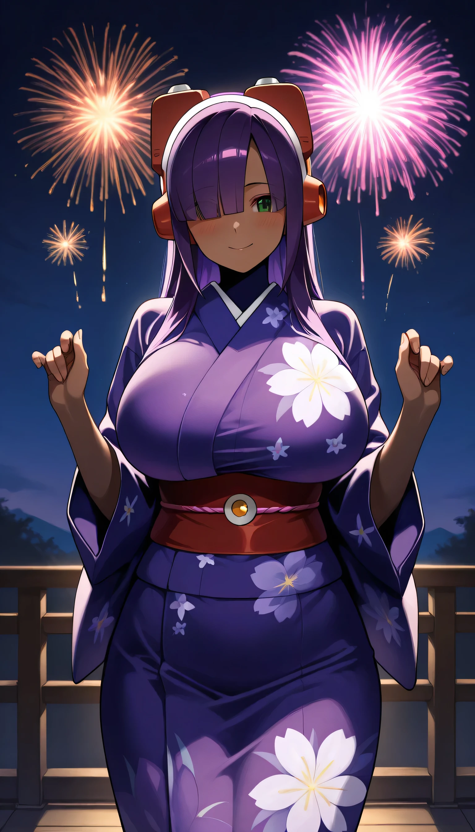 1girl, solo, breasts, looking at viewer, blush, smile, short hair, open mouth, large breasts, hair ornament, cleavage, purple eyes, purple hair, :d, thighs, outdoors, japanese clothes, sky, hairclip, kimono, shiny skin, sash, night, obi, night sky, lantern, purple kimono, fireworks, paper lantern, festival, food stand