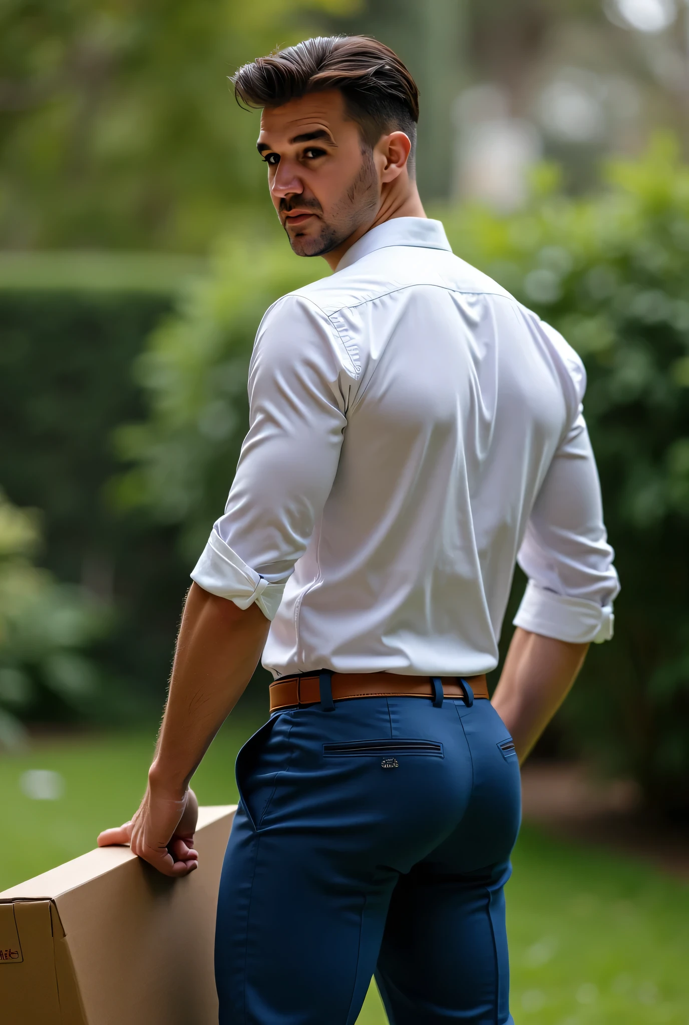 masterpiece, best quality, high resolution, (((very handsome man))) , male focus, solo focus, A man, 50 years old, grey hair, soccer player, football player, grey silver hair, messy hairstyle, cute and seductive face, bare chest, body hair, facial hair, roman nose, very skinny body, hairy legs, cute, dimples, goatee and mustache, bold jawline , full body, sweaty, in the background an outdoor soccer football field,  view from below, amazing composition,, HDR, ultra quality, elegant, highly detailed, muscular man,  gray formal trousers, (((Big butt))) (((backside)))
