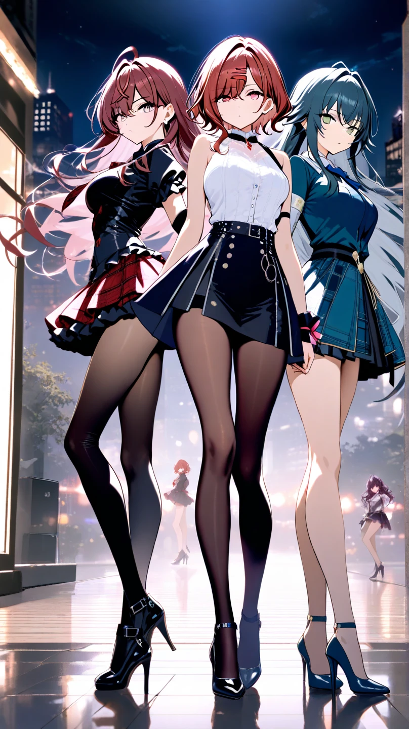 multiple girls, 3girls, standing, giantess art, highly detailed giantess shots, giantess, most detailed, perfect face, Two legs, Five fingers, short hair, A beautiful girl who is bigger than a skyscraper, Wearing rimless glasses, smile, huge breasts, magical girl dress, bow, magical girl, holding a magical wand, black pantyhose, stiletto heels, thunderbolt from a magical wand, seaside metropolis, numerous miniature warships on the sea, Destroying cities, Under heavy attack, A very small big city, Miniature metropolis, Full body description, GTS, giga giantess, gigagts, stomping city, crash city, tiny city, micro city, pantyhose feet, High resolution, highest quality, masterpiece,