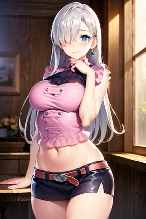 (SFW), masterpiece, best quality, highres 64k, clean, cinematic lighting, best shadow, volumetric lighting, ((beautifully detailed face,)) beautiful detailed eyes, beautifully detailed hair, multicoloured hair, (best illumination), (very sexy young female body:1.4), (medium breast, lactation ), ((very seductive:1.3)), smile, looking lovingly at the viewer, floating hair, makeup, 1girl, solo, blue eyes,  sliver long hair, open clothes, ((underboob,)) black shirt,  suspenders, plaid skirt, thighhighs, white gloves, indoors, bedroom, sitting on chair, desk and window, cabbie hat on desk, (welcome), (seductive pose, ) ( cowboy shot),<lora:godeater_amiella-10:0.8>