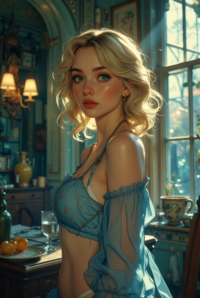 (finely detailed beautiful eyes and detailed face,masterpiece sidelighting,masterpiece,best quality,detailed,high resolution illustration),, (1 depraved girl,whole body,short sundress,lustrous skin,looking down,looking at viewer), (yellow hair,blue eyes,ribbon, sheer clothes), (clothed_underbust:1.2),underboob