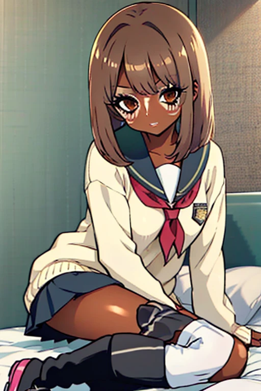 boondocks character, darkskin teenage girl, in School uniform, box braids, hourglass body