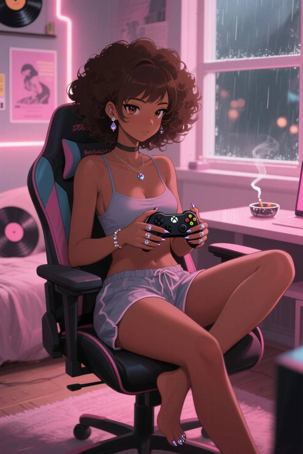 score_9, score_8_up, score_8, harsh lighting, vibrant colors, thick thighs gamer girl. Cat ear headphones. Holding a game controler. Looking past viewer. Ignoring viewer. Sweaty feet propped up in viewers face. messy anime weeb apartment background. Intense focus facial expession. (spreading her toes for you 1.2)