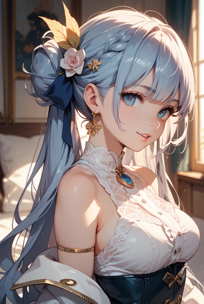 masterpiece, top quality, Super details, 8K, Detail lights, Detailed shadows, raw, (delicate skin), (real: 1.2),, 1 girl, silver hair, drill hair, White sexy transparent dress,Eye close-up,bed