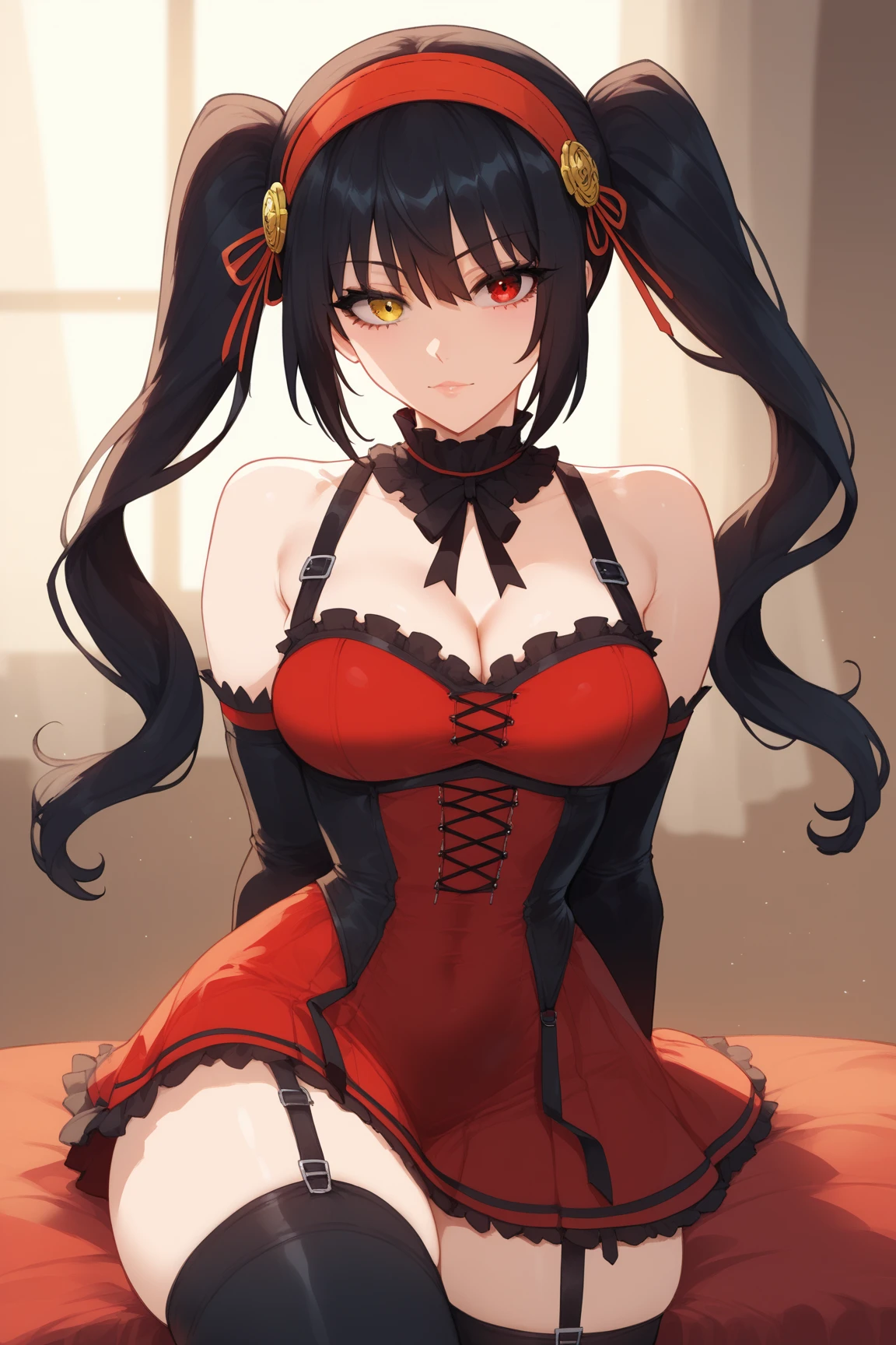 ((best quality)), ((masterpiece)), (detailed), ((highres)), In lavish manor library, extremely long black hair. Fluffy black cat ears. Long black cat tail on butt, 1catgirl, 20 year old, curvy body, dominant pose, snickering, naked. Heterochromatic eyes, one red eye, one gold eye. No shoes, black fishnets, nude, no clothes, anime, short, provocative