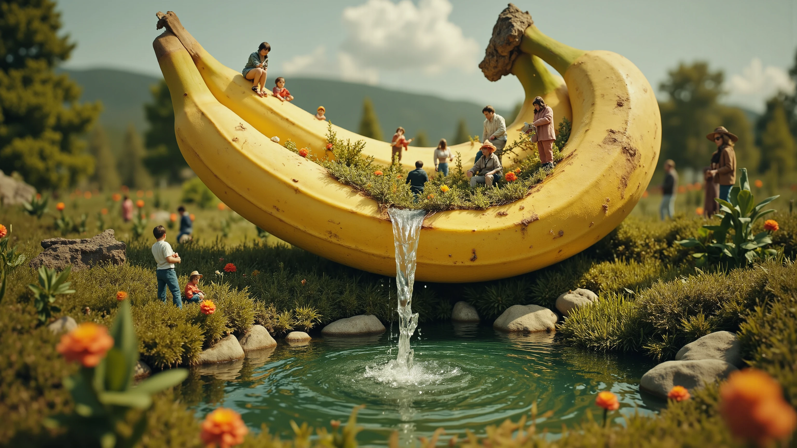 masterpiece, award winning, surreal digital artwork featuring a bunch of bananas, with the top half positioned above the bottom, creating a miniature landscape. Inside the bottom half, a small pond is formed, with water cascading from the top half like a waterfall. The scene includes tiny, people engaging in various activities around the pond, surrounded by miniature trees and rocks. The vibrant yellow of the banana contrasts with the lush green of the trees and the clear blue of the water, creating a whimsical and imaginative scene. The background is softly blurred, emphasizing the central composition of the banana and its miniature world.