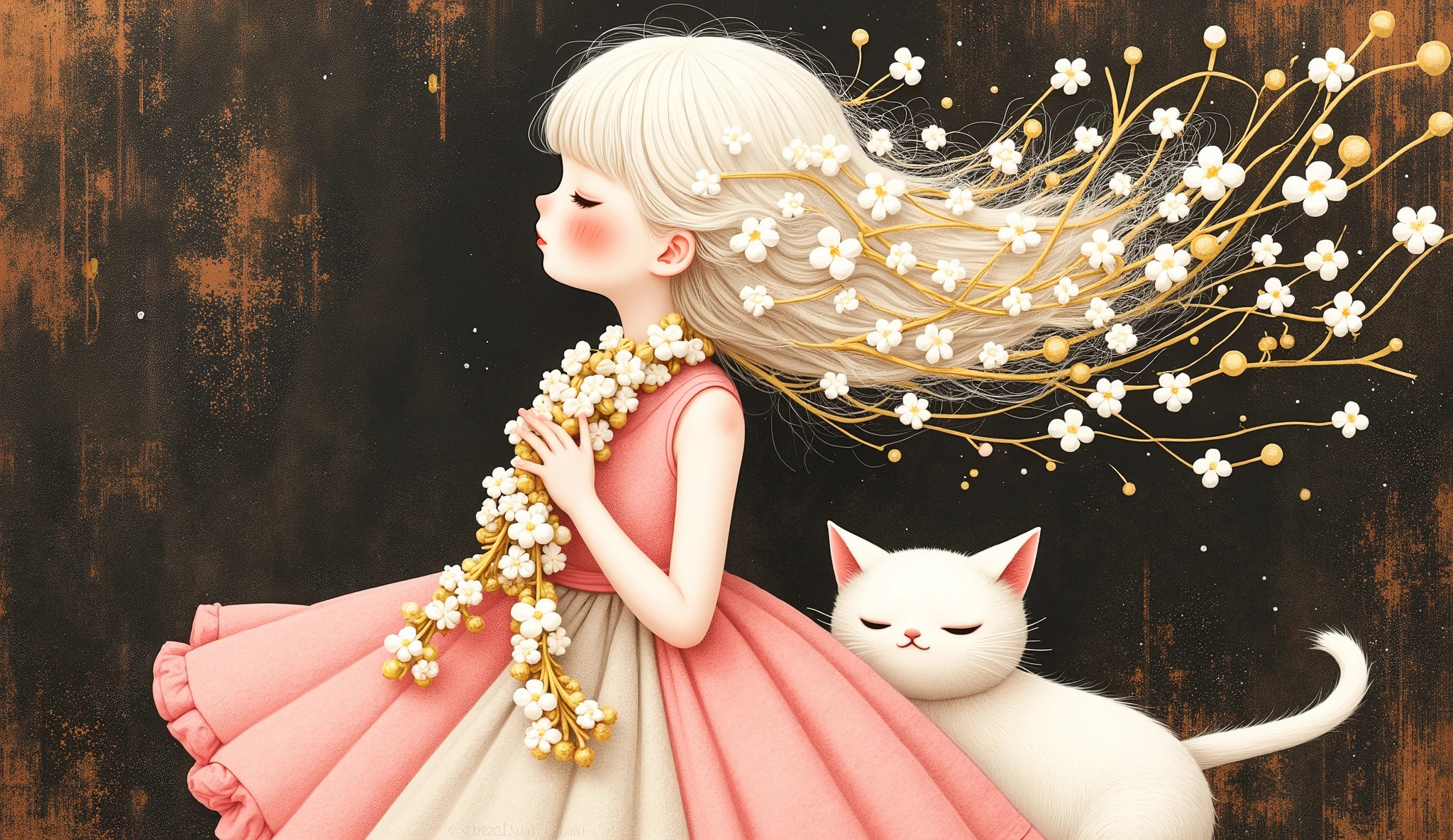a girl (full body) in profile using a lei of white and gold flowers, her face is sweet and delicate, the wind makes her white hair fly and confuse with the small flowers of the lei, her dress fly with the wind too, and by her side is a small white cat, color palette: neon pink, white and gold, blackground is a collage with metallic foil, and rusty material.