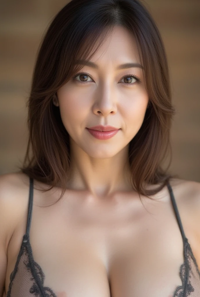 ((Top Quality)), ((8K)), ((Masterpiece: 1.3)), (Perfect Appearance), (Photorealism: 1.6), 1japanese woman, (40 years old), short bangs, long hair, (Transparent camisole: 1.2), (Portrait centered on upper body),