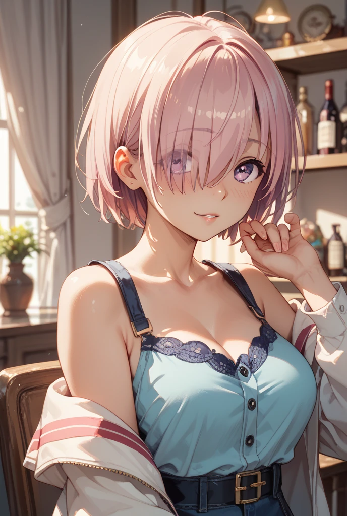 ichikanakano, ichika nakano, short hair, bangs, blue eyes, smile,hair between eyes, messy pink hair,big breasts,open white camisole,white short pajama pants,looking sleepy,sitting leaning on the sofa,A coffee mug is placed on the table,window building street,The sun is rising through the gap between the buildings,morning,morning日,sunrise,
break looking at viewer, whole body, Upper body,
break indoors, indoor,
break (masterpiece:1.2), highest quality, High resolution, unity 8k wallpaper, (figure:0.8), (detailed and beautiful eyes:1.6), highly detailed face, perfect lighting, Very detailed CG, (perfect hands, perfect anatomy),