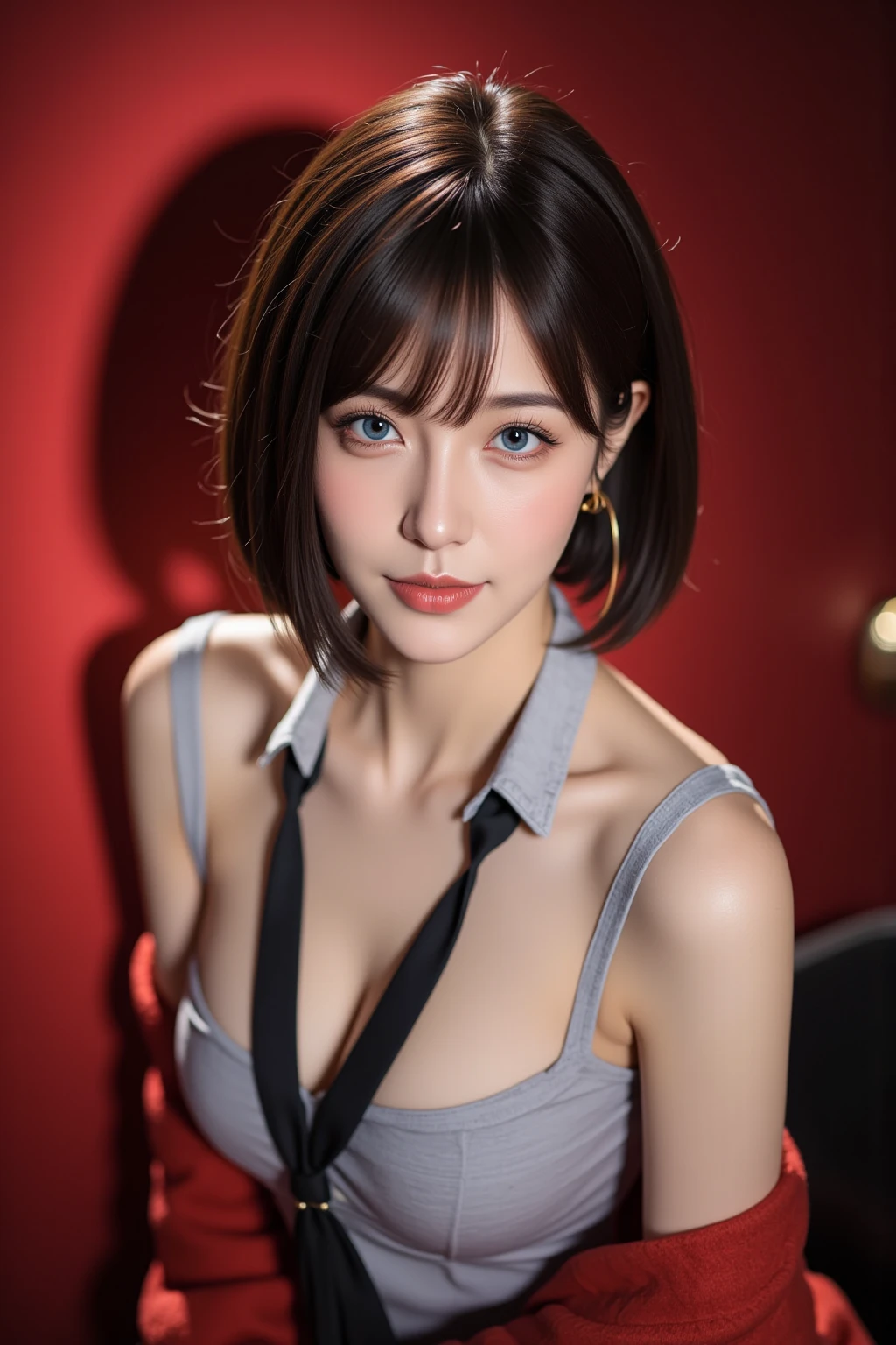 (Detailed skin), (Shiny skin), 8k, Highest quality, masterpiece, Ultra-high resolution, (Realistic:1.4), RAW Photos, (Soft saturation), Mixed-race Japanese women, Red hair, asymmetrical bangs, (Pretty face:1.4), (cinematic lighting:1.3), (Highly detailed face, Highly detailed lips, fine grain, double eyelid, Highly detailed and evenly balanced eyes), (Sharp focus:1.2), ((Full Body Shot)), (Perfect Anatomy:1.3), (Beautiful woman with perfect figure:1.2), (white shirt with collar), (Random poses:1.2),
