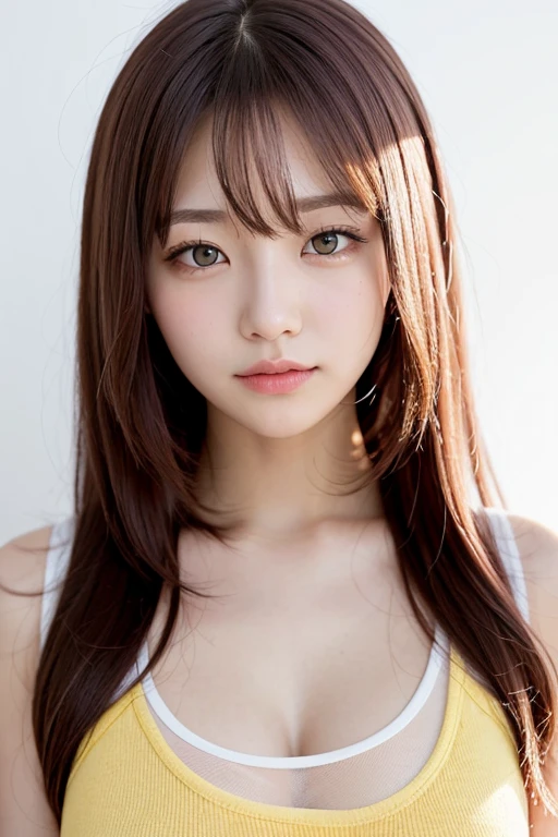 (highest quality, 32k, High resolution, masterpiece:1.5), cute japanese girl, 13 years old, whole body, Childhood, innocent, Innocent, An exceptionally beautiful face, A very cute and soothing girl, perfect human anatomy, Beautiful shiny red hair, Beautiful ponytail, long bangs with asymmetry, hair between eyes, big magical eyes, Beautifully trimmed thin eyebrows, smooth soft skin, Pale pink lips, natural makeup, small face beauty, gentle smile, ((Yellow patterned high quality bikini)), perfect collarbone, Beautiful chest in high resolution, slender body shape, High resolutionの美しい太もも, ((pure white background)), soft sunlight, professional lighting, professional photographer, Professional models
