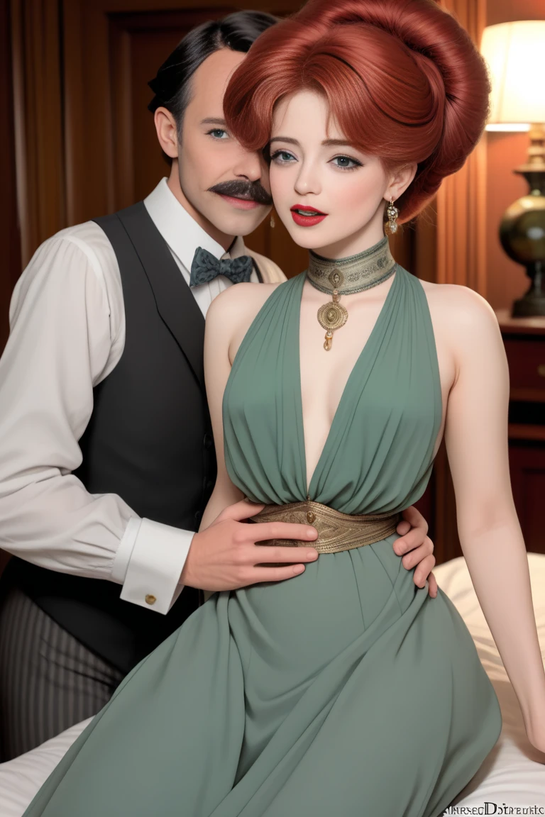 ((Full body photo of a woman dressed as a maid and an old man)). "She has red hair, green eyes, a maid's headdress on her head, very tight around her body, big breasts, "he is bald, strong body wearing, he is wearing teddy bear pajamas in blue, he is beside her with his hand on her waist" "She has a flushed face, heavy makeup on her face, red lipstick", both are in a hotel room in front of the room's exit, anime style, Pixar, 16k, highres, best quality, award winning, textured skin, UHD, masterpiece, retina, anatomically correct