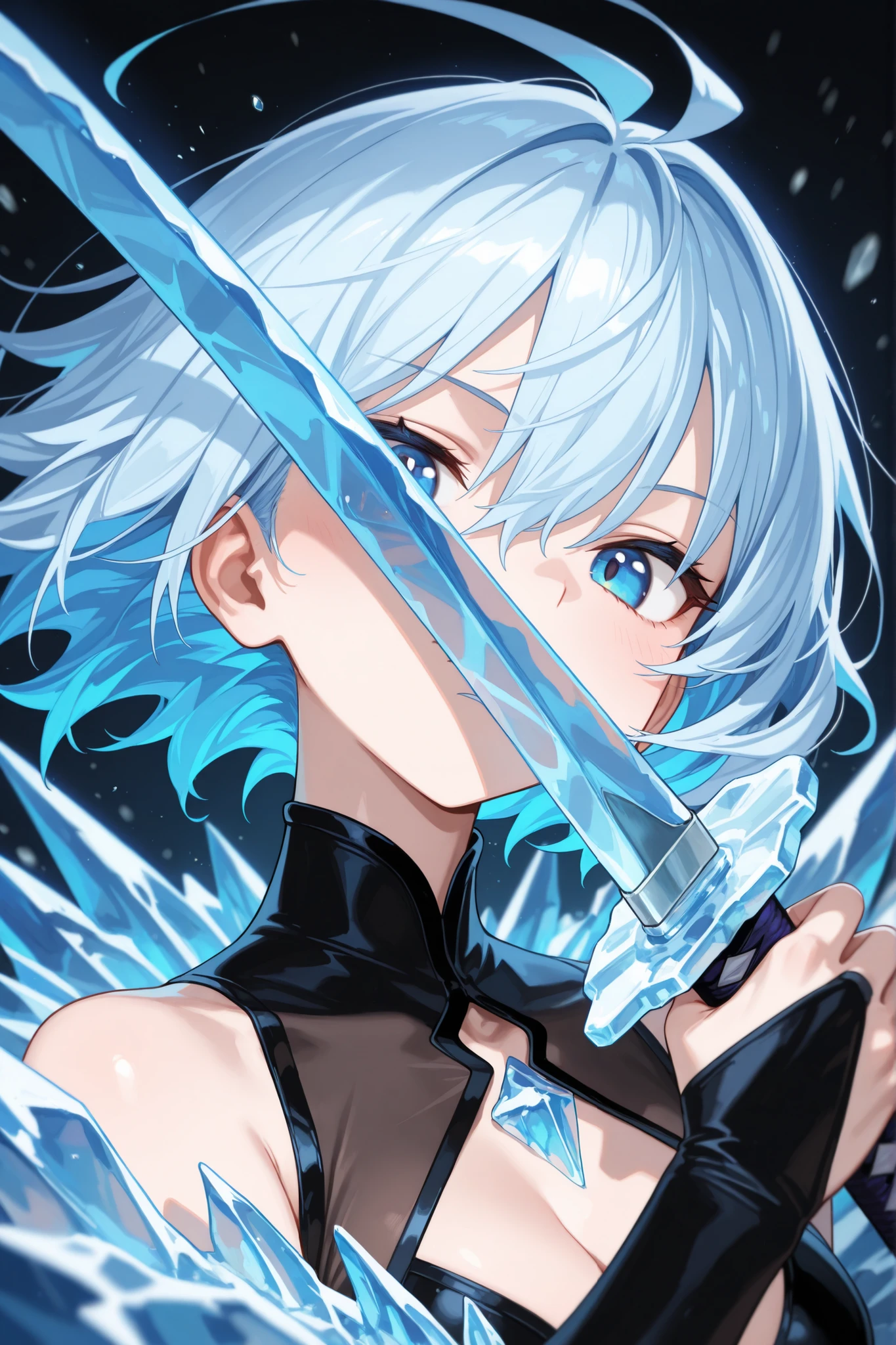 White hair, ice ability, beautiful girl with ice sword, cold eyes, cold gaze