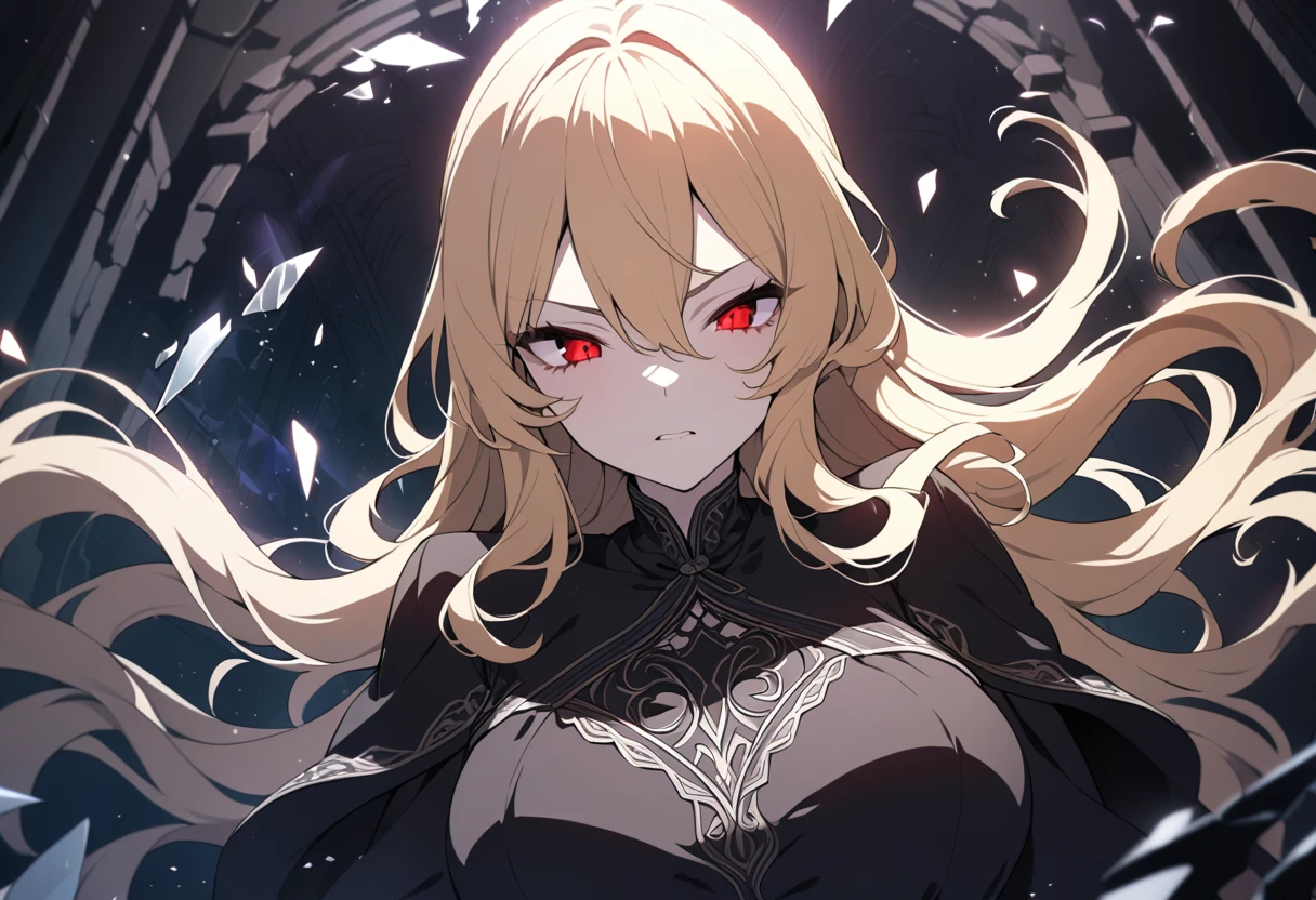 hyper super ultra detailed perfect piece, illustration, Masterpiece, (Perfect anatomy), ((Black and red glow)), (Evil personality), (go mad eyes),Blonde hair,Black dress, Intricate details, Best quality, ((Solo)) ,Crazy nothingness, Glowing eyes, Horror \(Theme\),