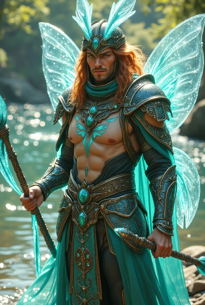 Shirtless Colin O'Donoghue as a fairy, wings made of water, teal loincloth, real wings, magical water effects