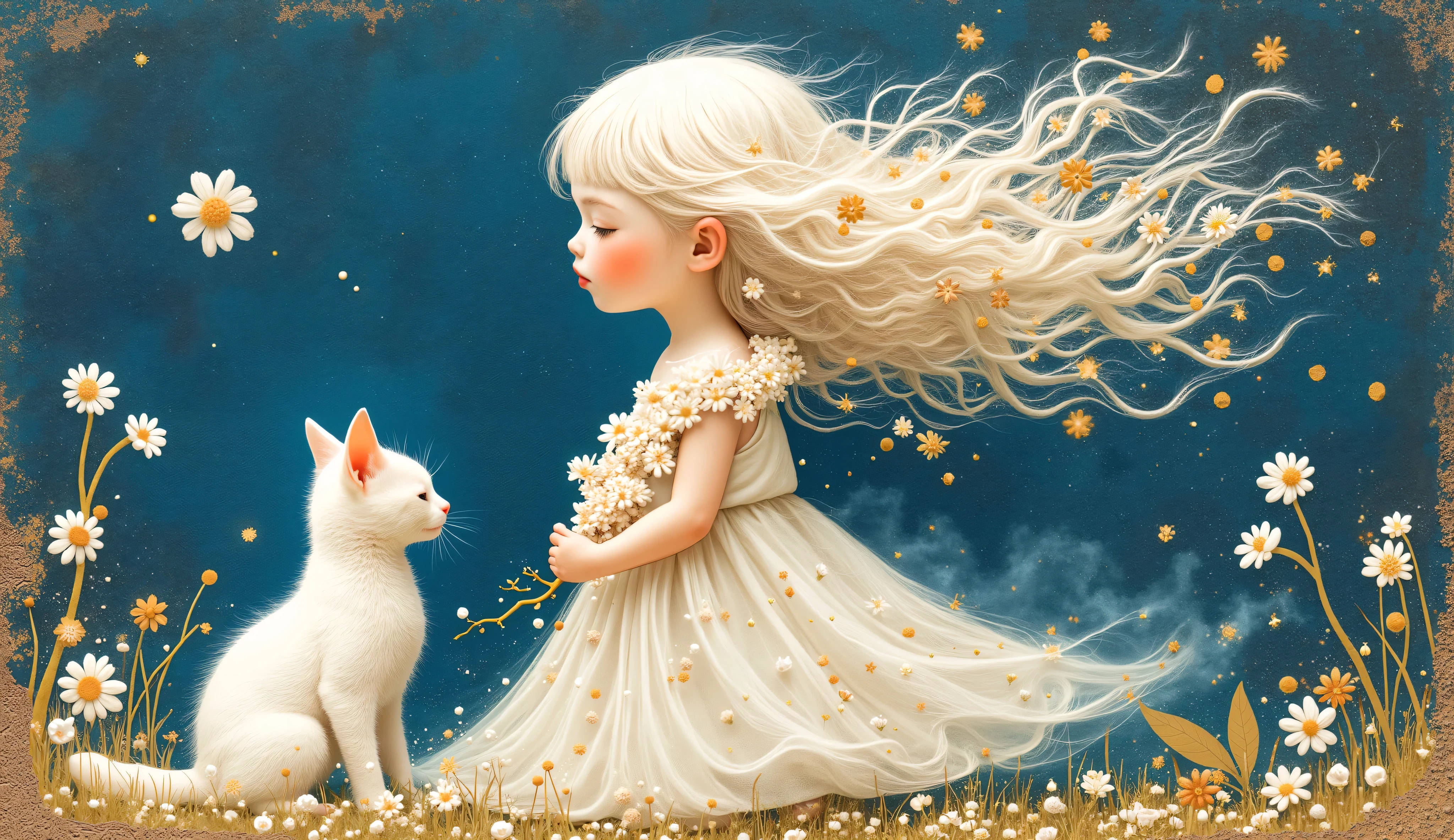 a girl (full body) in profile using a lei of white and gold flowers, her face is sweet and delicate, the wind makes her white hair fly and confuse with the small flowers of the lei, her dress fly with the wind too, and by her side is a small white cat, color palette: eletric blue, white and gold, blackground is a collage with metallic foil, and rusty material. 