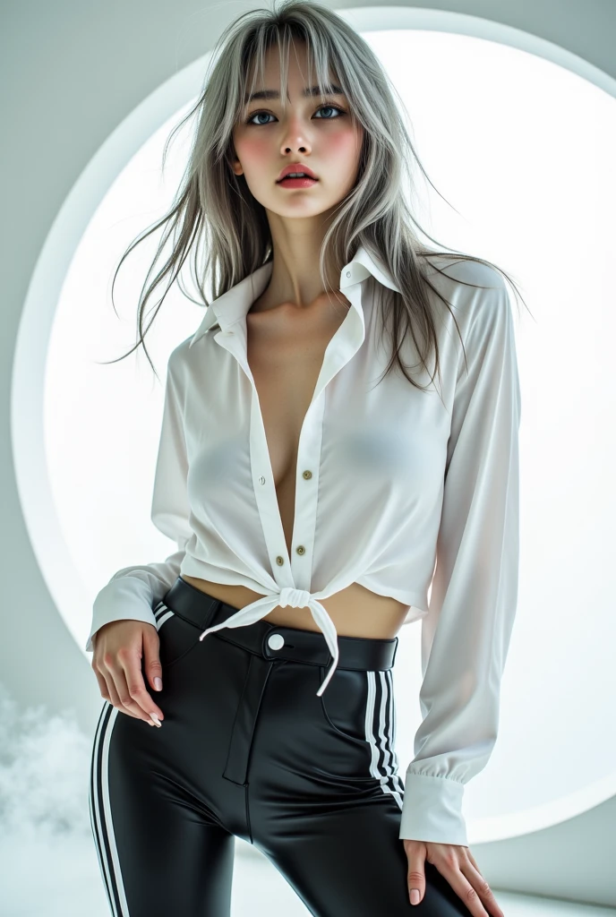 cowboy shot,a pretty 21 year old girl,blond hair,blue eyes,lora_Emma,slim athletic body,tight and stretched white blouse with buttons,button gap,short sleeves,pokies,ultra low rise black shiny pvc pants,vnylpvc,metal belt,empty studio,(best quality,4k,8k,highres,masterpiece:1.2),ultra-detailed,(realistic,photorealistic,photo-realistic:1.37),dramatic lighting,cinematic,fashion photography,studio lighting,high contrast,vivid colors,beautiful detailed eyes,beautiful detailed lips,extremely detailed eyes and face,long eyelashes, touching hair