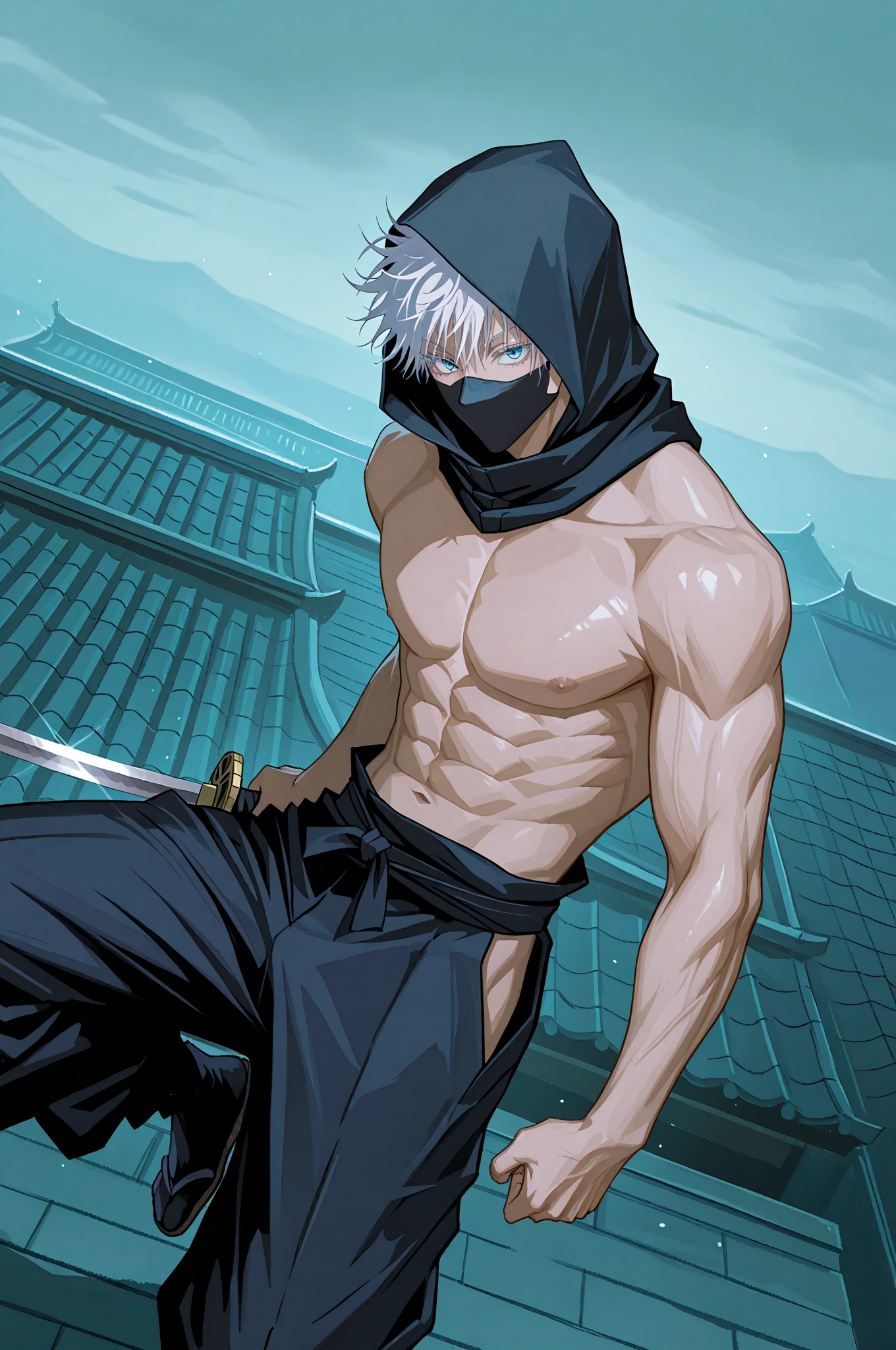 Personagem de anime estilo jujutsu kaizen, cabelos longos e pretos, olhos vermelhos com roupa da personagem maki de jujutsu kaizen mostrando a barriga enrolada de fitas brancas