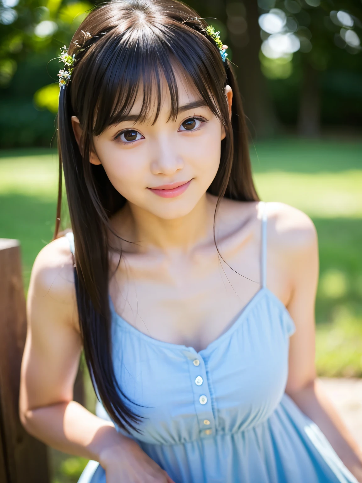 (Best-quality, Masterpiece, Ultra-High-Resolution, (Photorealistic:1.5), Raw Photo, depth of field, professional lighting, perfect anatomy, extremely details), 1girl, 15-years-old, the most famous Japanese idol, ((extremely beautiful and extremely realistic skins):1.4), wearing summer-dress, (extremely cute realistic-face, ((extremely cute and extremely big realistic-eyes), extremely cute realistic-hair), innocent smile, selfie