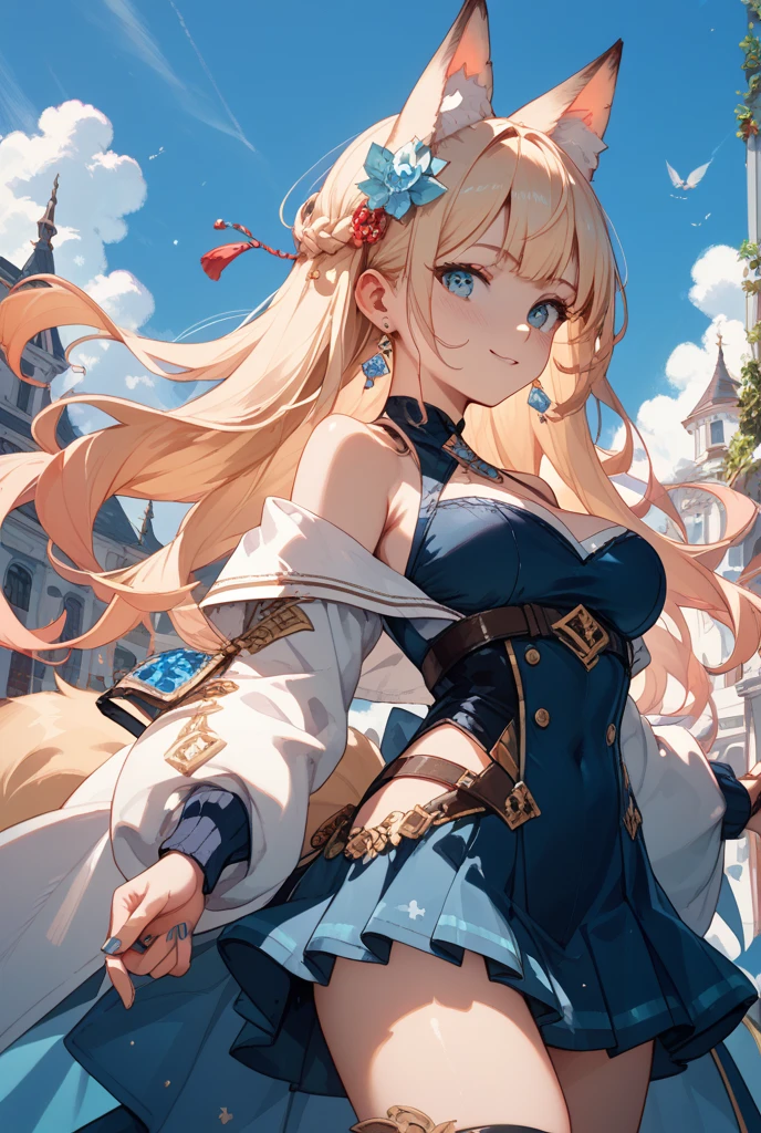 high quality、high resolution、Gloss、8k、Delicate、nsfw、satin、silk、(Blue bra)、Blonde、Red eyes、One Girl、cute、And soul、dress、blush、Western castle in the background