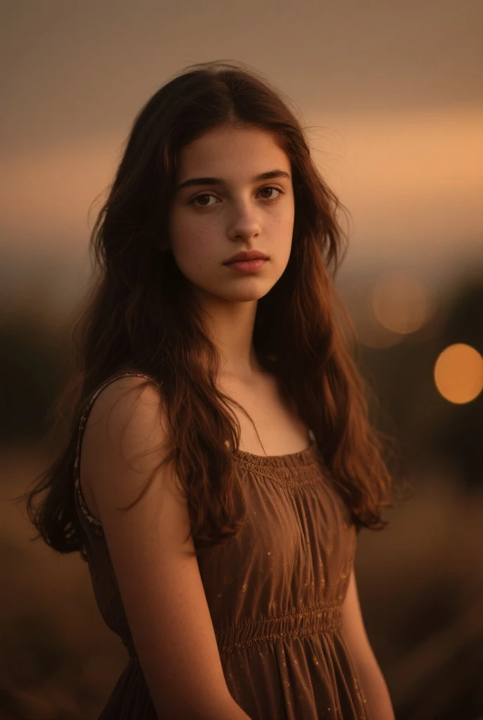 Generate an image of Emily, a 12-year-old girl with long, dark, curly hair cascading gently to her shoulders. Her brown eyes convey intense curiosity but also a hint of insecurity. She has a delicate appearance, adorned with light freckles on her nose and cheeks. Her face is expressive, revealing her emotions genuinely. Emily is wearing a vintage dress with floral patterns and delicate details, often found in local thrift stores. She also sports antique pendant necklaces and handmade bracelets, contributing to her unique style. The image should capture Emily's distinctive essence and the atmosphere of her personality and style.