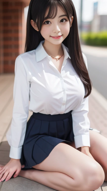 8K, Highest quality, masterpiece, Ultra-high resolution, (Realistic:1.4), whole body、RAW Photos, ((Long brown straight hair, See-through bangs))), Beautiful Details 1 Girl, (Realistic:1.4), High-resolution RAW color photos, Professional photos, Highly detailed eyes and face, Natural light, Facial details, White skin, Shiny skin, Tight waist, Small Ass, Thin legs,Natural Breasts, Nice body、Rocking Chair、((White shirt、Navy blue 、Wearing glasses))、Young round face、mini skirt、Wearing white underwear、Shooting from below、Pinch up the hem of the skirt