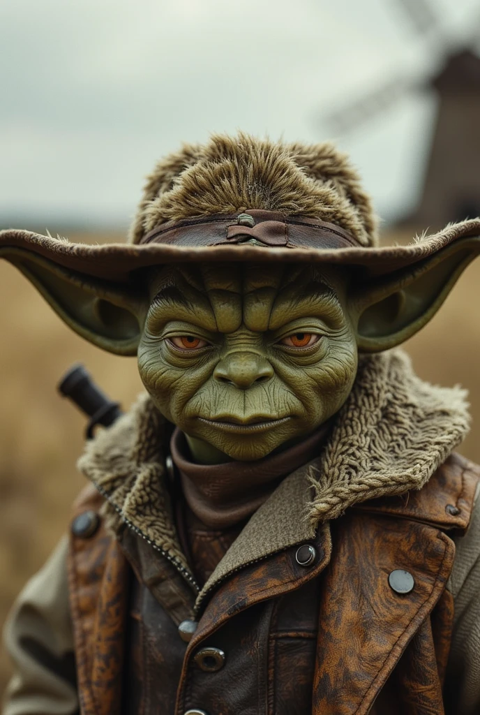 Master Yoda, trapper, hunter, detailed portrait of Yoda, Wild West 1750 year, western old movie style, near the old windmill, cowboy shot, vintage clothing, fur muskrat hat, perfect skin, detailed intense eyes, aggressive look, western cinematic, cannon 6d, faded soft colours, vintage aesthetic
