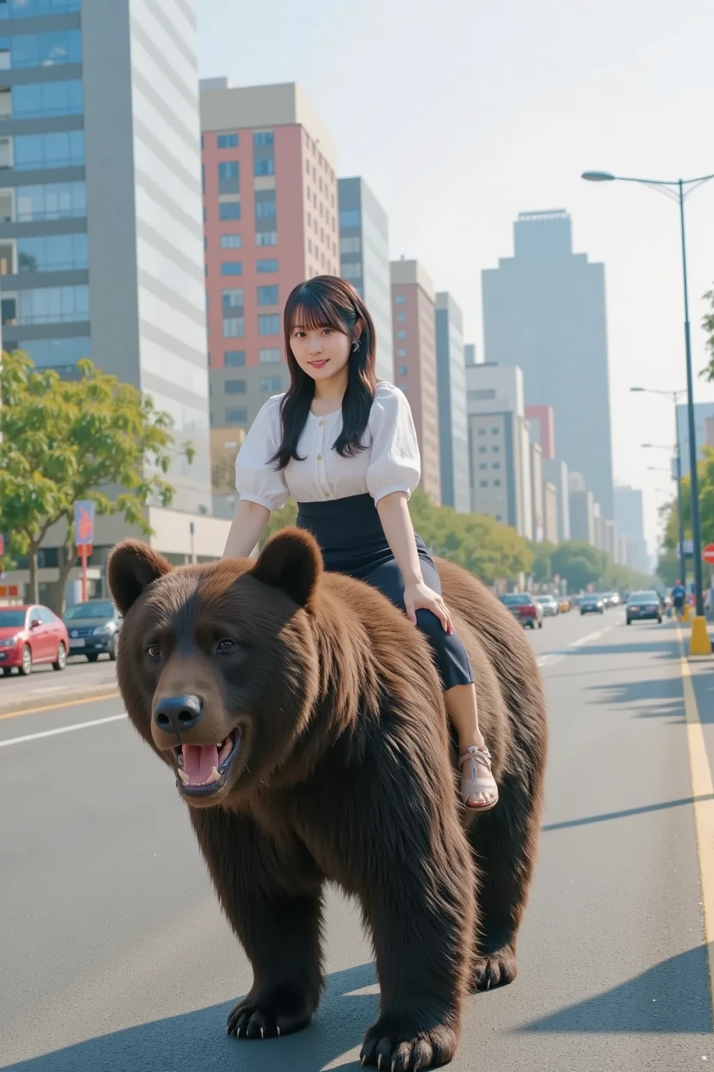 Full body girl lifting up a heavy giant gorilla overhead