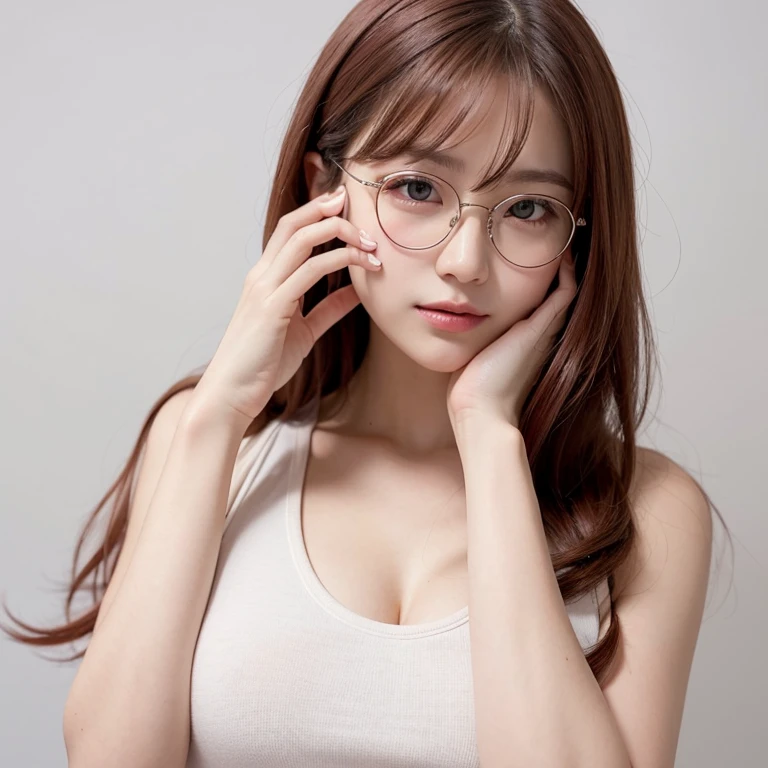 a cute woman, beautiful detailed eyes, arms up，upper body， beautiful detailed lips, extremely detailed eyes and face, long eyelashes, slender body, thin face, delicate features, flawless porcelain skin, glistening sweat, ultra-fine fingers, best ratio four finger and one thumb, realistic, oversized T-shirt, mini skirt, one-person viewpoint, Fuji Film, F/1.2, 8K, masterpiece, nffsw, super detail, high quality, best quality, high resolution, glasses, mole under right eye, 