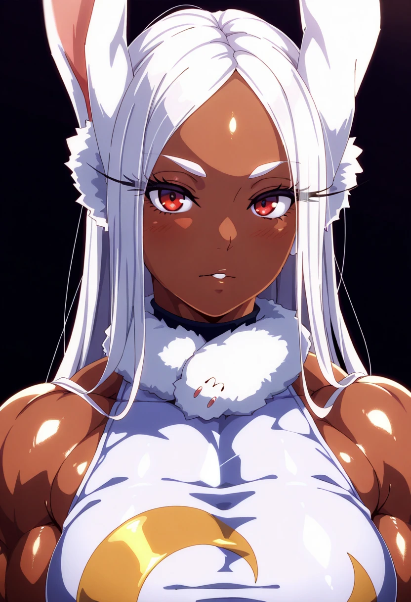 masterpiece, high res, 4k, best quality, beautiful face, detailed face, ultra-detailed, 1girl, solo, long hair, black background, neon glow, emerald green gradient hair, purple highlights, hoop earrings, dark-skinned female, tattoo, colored skin, BREAK, (yamanba, white facepaint makeup:1.3), face stickers, pursed green lips, parted lips, eyeshadow, very dark skin, makeup,(metallic glitter) jewelry, white face tattoo, large intricate hair accessories, brown skin, mirkomha, rabbit ears, red eyes, white hair, very long hair,  fur collar, dark skin, dark-skinned female fellatrix style naked, nsfw, nude 