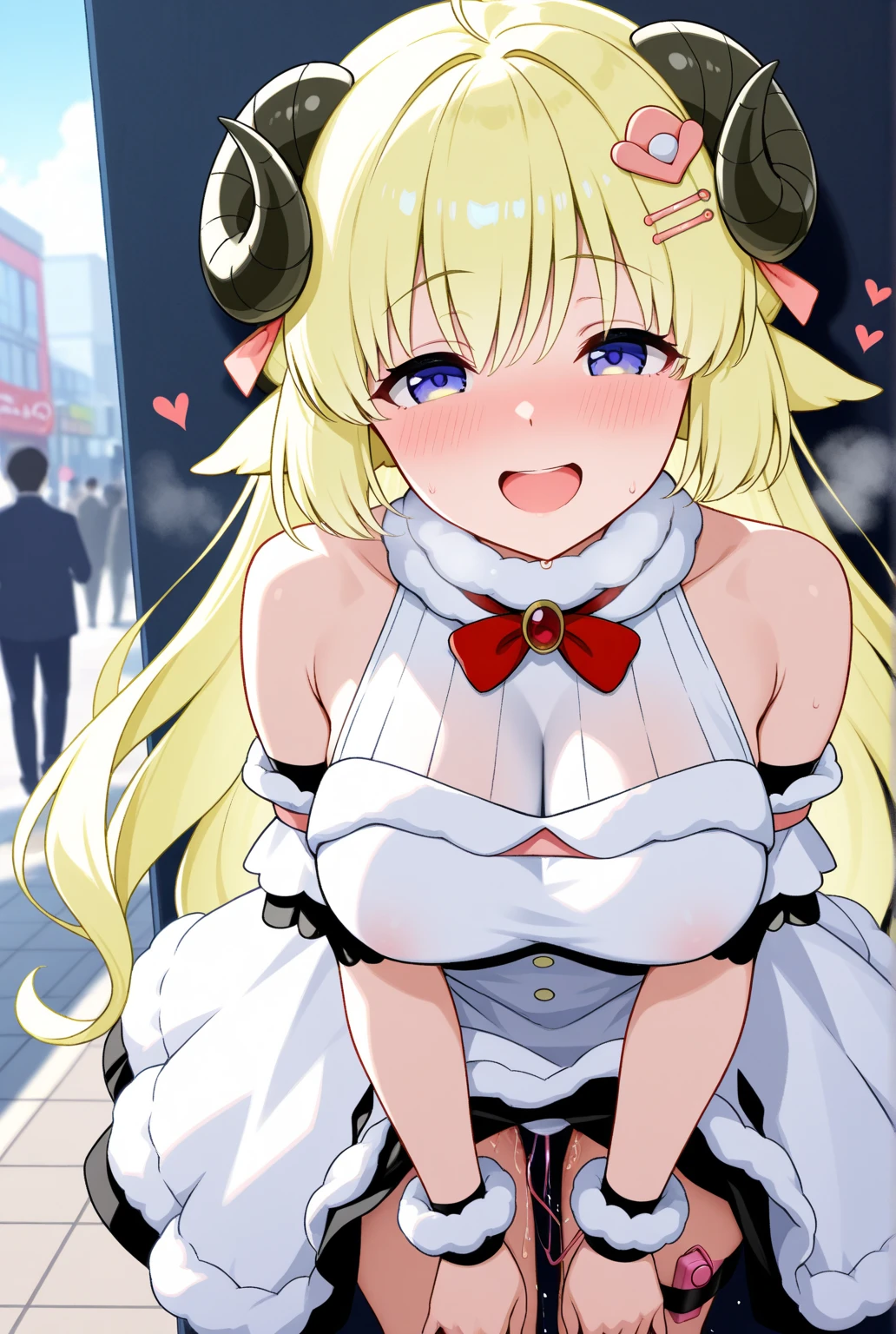 A sleeveless busty maid with semi-long blonde hair, fur ears, pink heart eyes, and a super miniskirt.