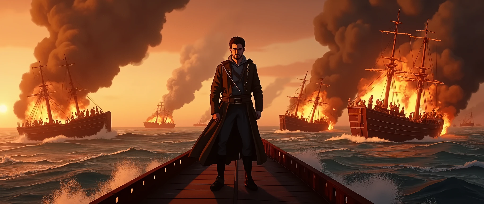 Cartoon movie; 1870; A Brazilian soldier from the Paraguayan War stands bravely on the bow of a burning ship, staring unflinchingly at the chaos around him. Around him, ships sink and burn amid explosions and thick smoke, while men desperately fight to survive in the turbulent waters.
The scene is ultra-detailed, with vivid realism and stunning photorealism