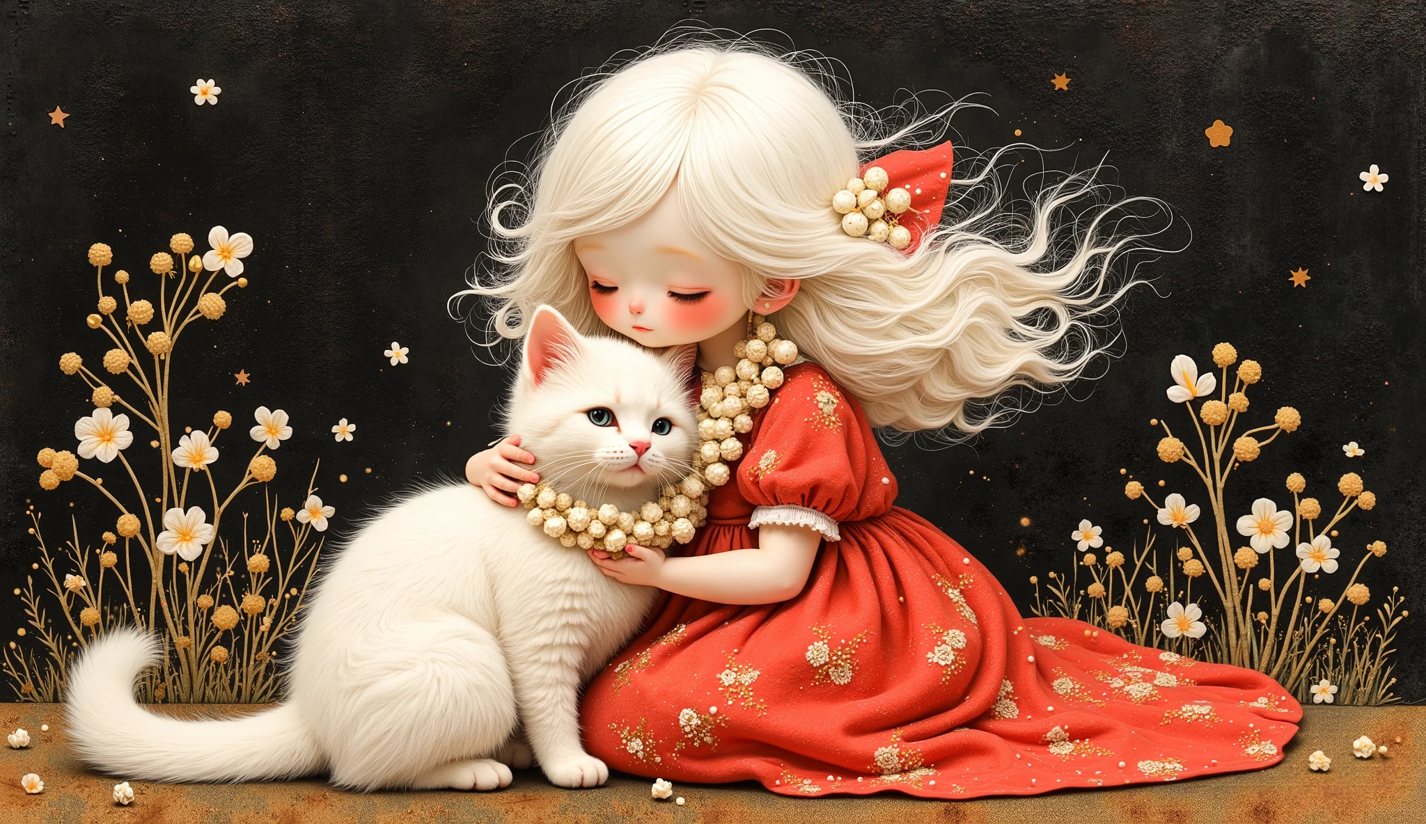 a girl (full body) sitting with her white cat, both using a lei of white and gold flowers, her face is sweet and delicate, the wind makes her white hair fly and confuse with the small flowers of the lei, her dress fly with the wind too, color palette: red, white and gold, blackground is a collage with metallic foil, and rusty material.