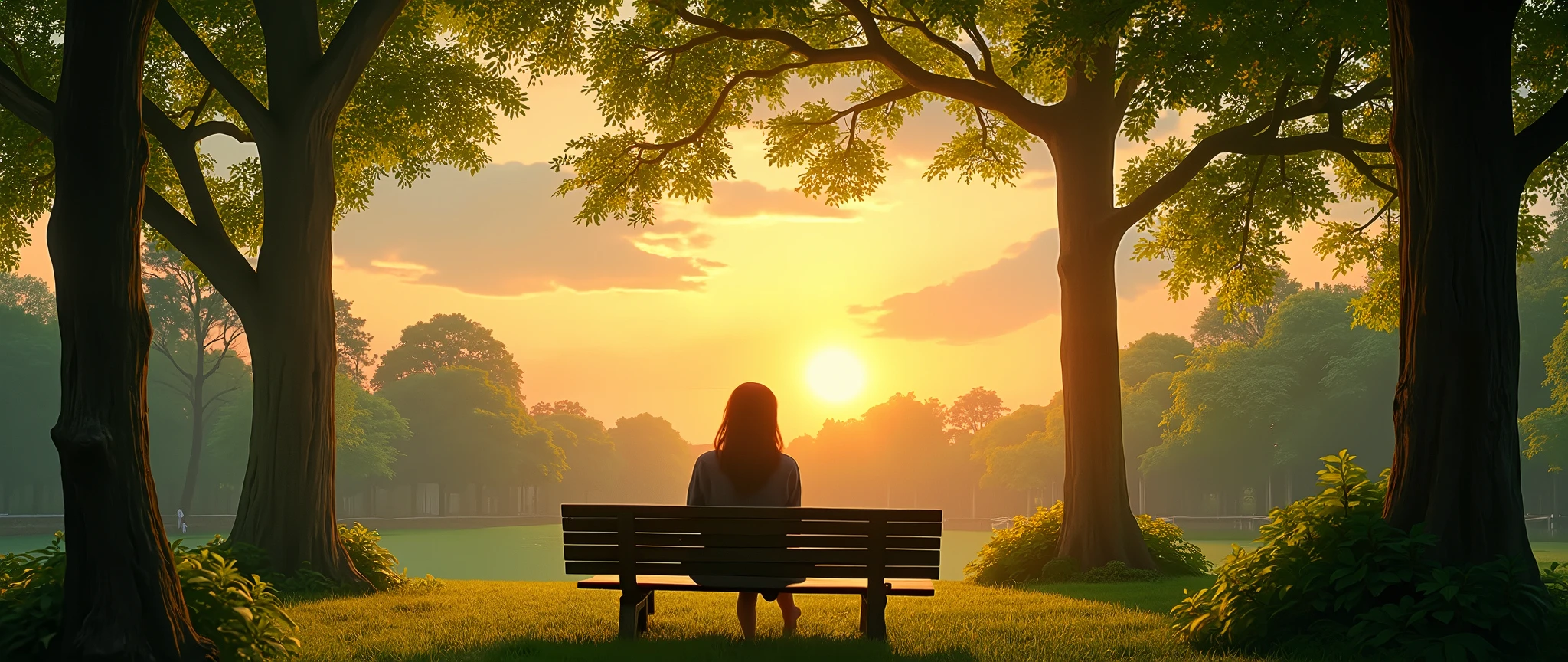 Cartoon film; Romance scene from 1969; beauty and life scenery. Beautiful Central Park at dawn; beauty of New York. A relaxed young woman, looking at the sky, sitting on a bench in Central Park (wide view), trees full of leaves. The scene is ultra-detailed, with vivid realism and stunning photorealism