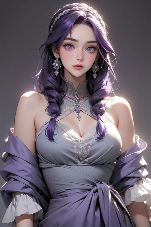 ((Masterpiece:1.2),highest quality:1.1),(dynamic angle:1.2,dynamicposes:1.2,softlighting:1.1),(Gray hair:1.3,hair purple:1.3,Hair yellow:1.2+purpleish color:1.1+green color:1.1,closeup of face:1.1+Body close-up:1.1+Unique temperament:1.2),Seductive ancient banshee,Dark style,She has four arms,she is sexy,She bare her thighs,She has a charming smile and snow-white smooth skin,Her nails are pink,She has big blue watery eyes,She wears a black-cyan headband on her head,She wore clothes made of purple silk。