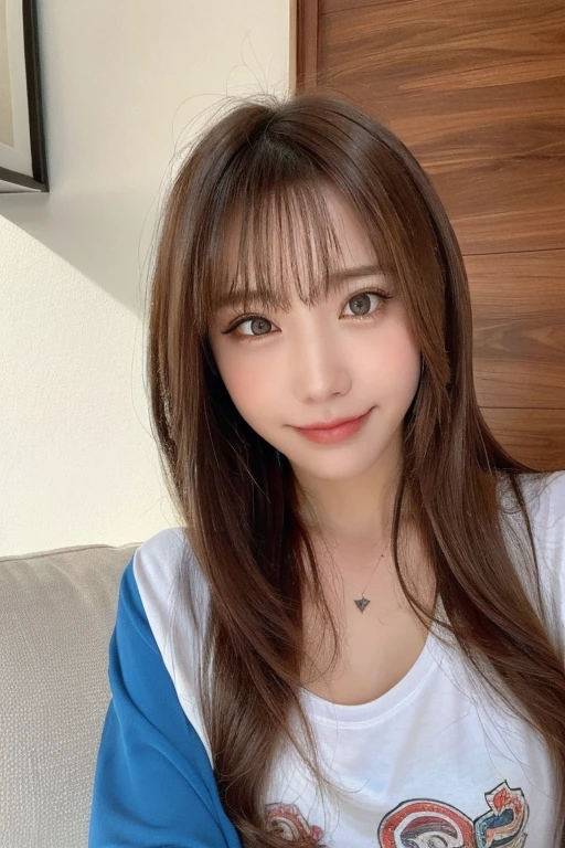 Full Body Angle、((highest quality, 8K, masterpiece: 1.3)), concentrated: 1.2, Cute girl 1,Nipples erect、 Perfect beauty: 1.4,Crisscross V-neck T-shirt, Casual summer short sleeve t-shirt: 1.2,Long sleeve、Randall Color、comics＆Text Graphics、Black ruffle-trimmed drawstring zip blouse,1.1, Highly detailed face and skin textures, Fine grain, double eyelid, whitening skin, ,highest quality,Ultra-high resolution,you,1 girl,alone,_Shiny_skin,Iris,necklace,((Brown_length_Wavy_hair)),(lips)),eyelash,Front hair,deal with,compensate,Shiny,pore,skin texture,Large Breasts、smiling face、