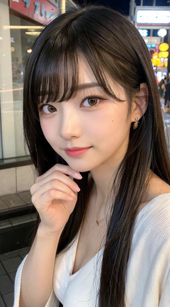 NFSW、masutepiece、masterpiece、1 girl in、(close up of face、cowboy shot)、Straight front view、japanes、very young cute woman、(The cutest girl in the world)、、Smaller face、large full breasts、Autumn knit jacket、Sheer inner、Chiffon skirt、Ultra-detailed costumes、Smiling in a café、Scrunchie、Thin necklace、Glamorous figure、hyper cute face、shiny lip、Double eyelids in both eyes、 natural make up、long eyeslashes、shiny smooth light brown hair、bangss、Short twin tail hair、asymmetrical bangs、image in center、8K分辨率、high détails、Detailed hairstyles、A detailed face、spectacular movie lighting、octane renderings、with a vibrant、Ultra-realistic、Perfect limbs、perfect anatomia