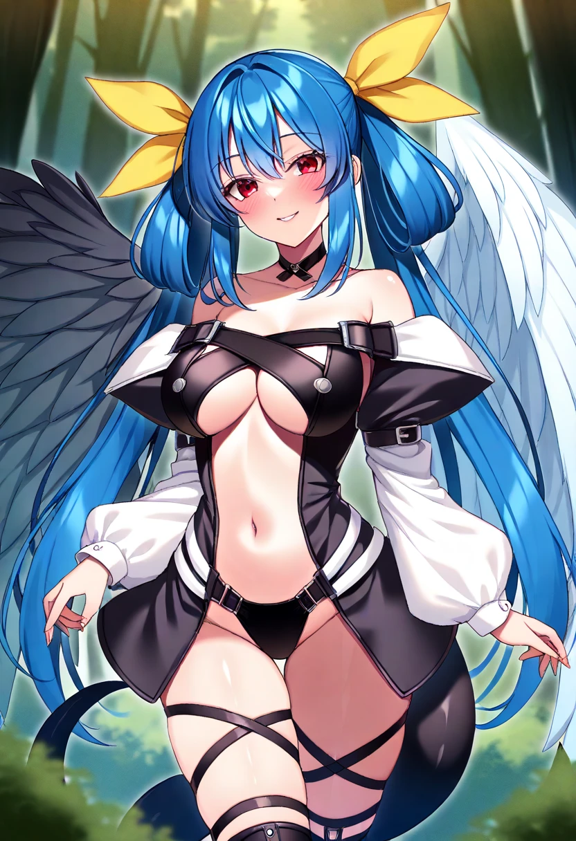 Black hair, blue eyes, large breast, sexy, beautiful body, bed, Masterpiece, angel, white wings, smile