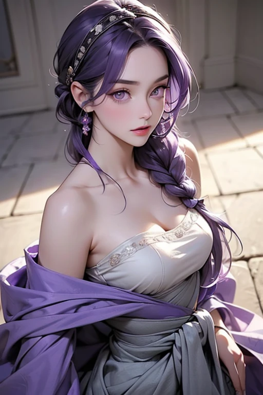 masterpiece, 1girl, solo, purple eyes, purple hair, black horn