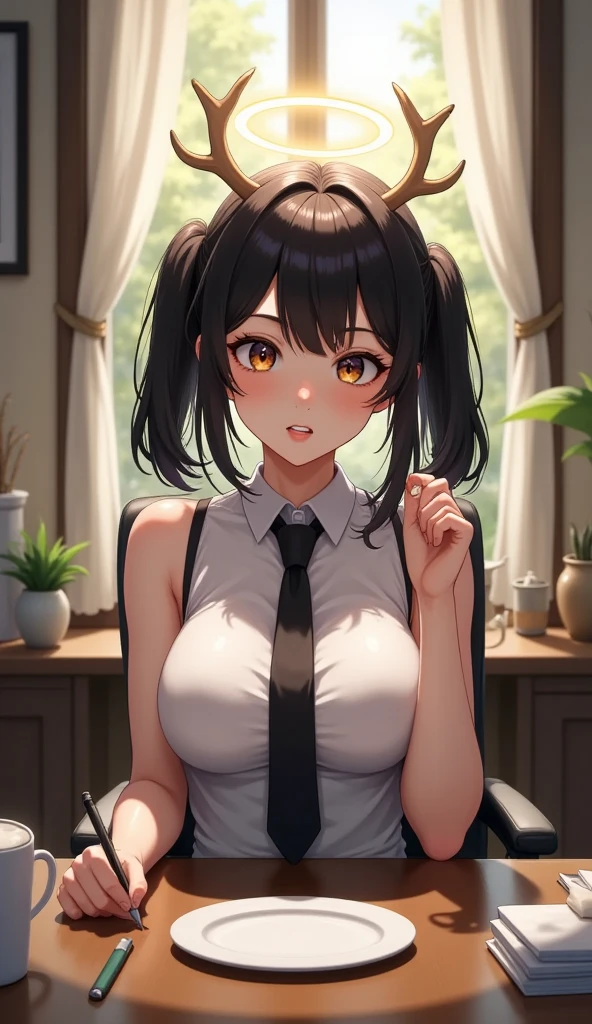 masterpiece、best image quality、ultra high resolution、NSFW、 girl with big breasts、twin tail hairstyle、black hair、red face、shyly、Open your mouth just a little、White dress shirt that shows cleavage、short pencil skirt、panties、sitting in an office chair with your panties visible、inside the office