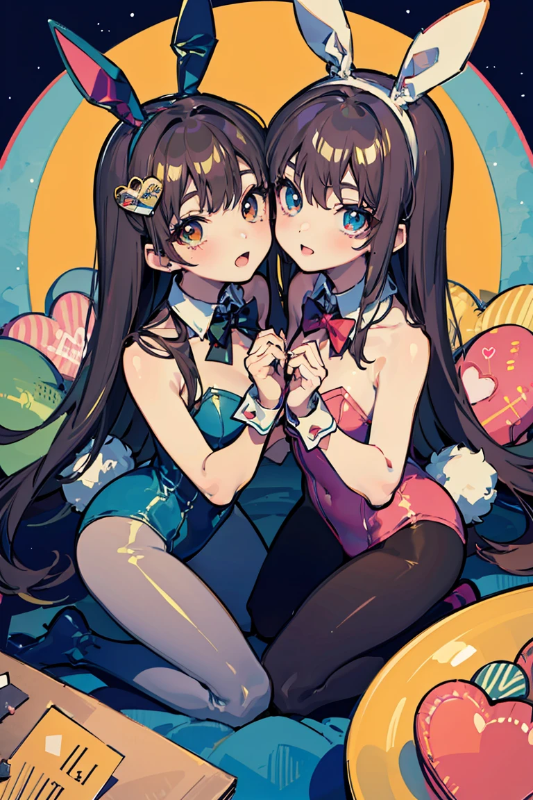 1 girl, sweets, (Bunny girl), (piece), Kissing Face, Pop atmosphere, cute, Long Hair, Brown Hair, (hair ornaments), Vivid expression, Bright smile, ribbon, tights, Shiny garments ,beautiful brown eyes in every detail, (Heart shaped eyes), Pastel pink background,18-year-old, Colorful Hair, Straight hair, beautiful, Shining Eyes, Romanticism, modern art, Impressionism, reflected light, 8k, masterpiece, Advanced Details, Highest quality, Accurate anatomy