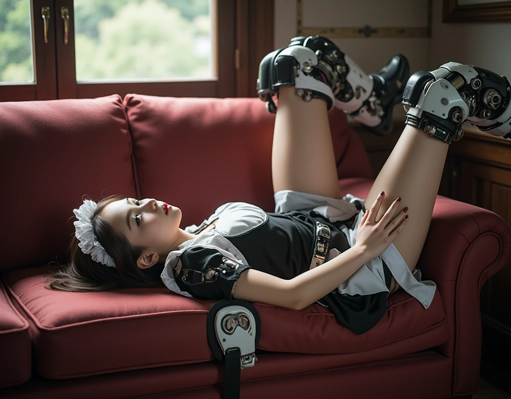 masterpiece, best quality, extremely detailed, Japaese android girl,Plump , control panels,android,Droid,Mechanical Hand, Robot arms and legs, Black hair,Blunt bangs,perfect robot girl,long tube,thick cable connected her neck,android,robot,humanoid,cyborg,japanese cyborg girl ,future laboratory,connecting a cable between the legs,skirt, high socks