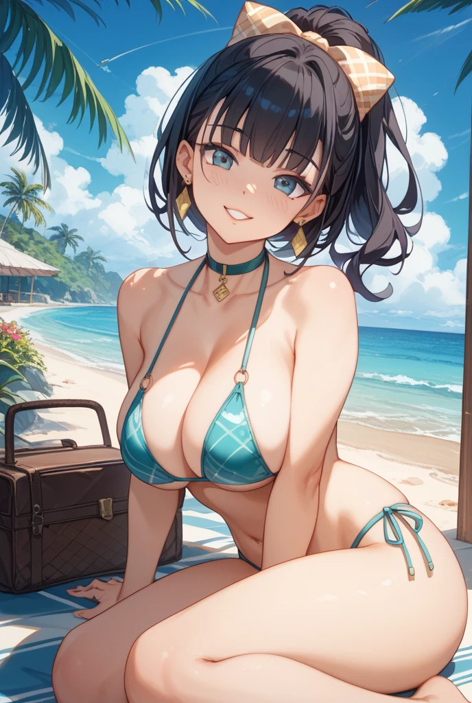 (masterpiece), best quality, expressive eyes, perfect face,1girl,xingqiu,genshin impact,summer clothes,big breasts,sexy one-piece swimsuit,poolside,beach chair,sitting,stylish sunglasses,sunglasses on head,book,holding book,reading,blush,beach resort