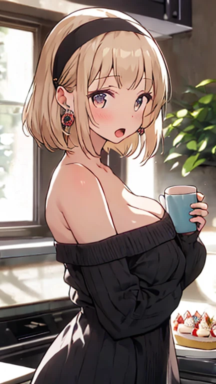 masterpiece, yor, 1girl, Amazing Cleavage:1.3, thin waist, big ass, Raised sexy, medium breast: 1.8 posed cleavage:1.2、solo, looking at viewer, open mouth, have a cup of coffee,black hair, red eyes, dress, bare shoulders, jewelry, collarbone, sidelocks, hairband, earrings, indoors, off shoulder, :o, sweater, arms behind back, plant, short hair with long locks, white hairband, off-shoulder dress, sweater dress, off-shoulder sweater, red sweater, big side hair, very long side hair,is rendered in (masterpiece: 1.2, best quality), with (ultra high resolution) and an exquisite (depth of field). This masterpiece is not only visually stunning but also tells, make of cake cooking ,in the kitchen