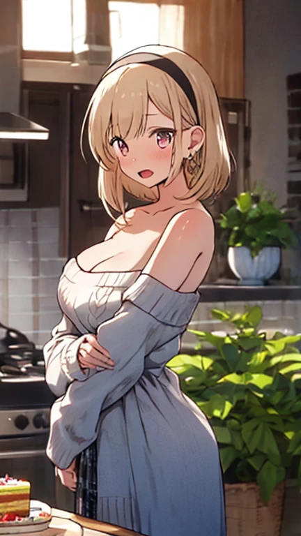 masterpiece, yor, 1girl, Amazing Cleavage:1.3, thin waist, big ass, Raised sexy, medium breast: 1.8 posed cleavage:1.2、solo, looking at viewer, open mouth, have a cup of coffee,black hair, red eyes, dress, bare shoulders, jewelry, collarbone, sidelocks, hairband, earrings, indoors, off shoulder, :o, sweater, arms behind back, plant, short hair with long locks, white hairband, off-shoulder dress, sweater dress, off-shoulder sweater, red sweater, big side hair, very long side hair,is rendered in (masterpiece: 1.2, best quality), with (ultra high resolution) and an exquisite (depth of field). This masterpiece is not only visually stunning but also tells, make of cake cooking ,in the kitchen