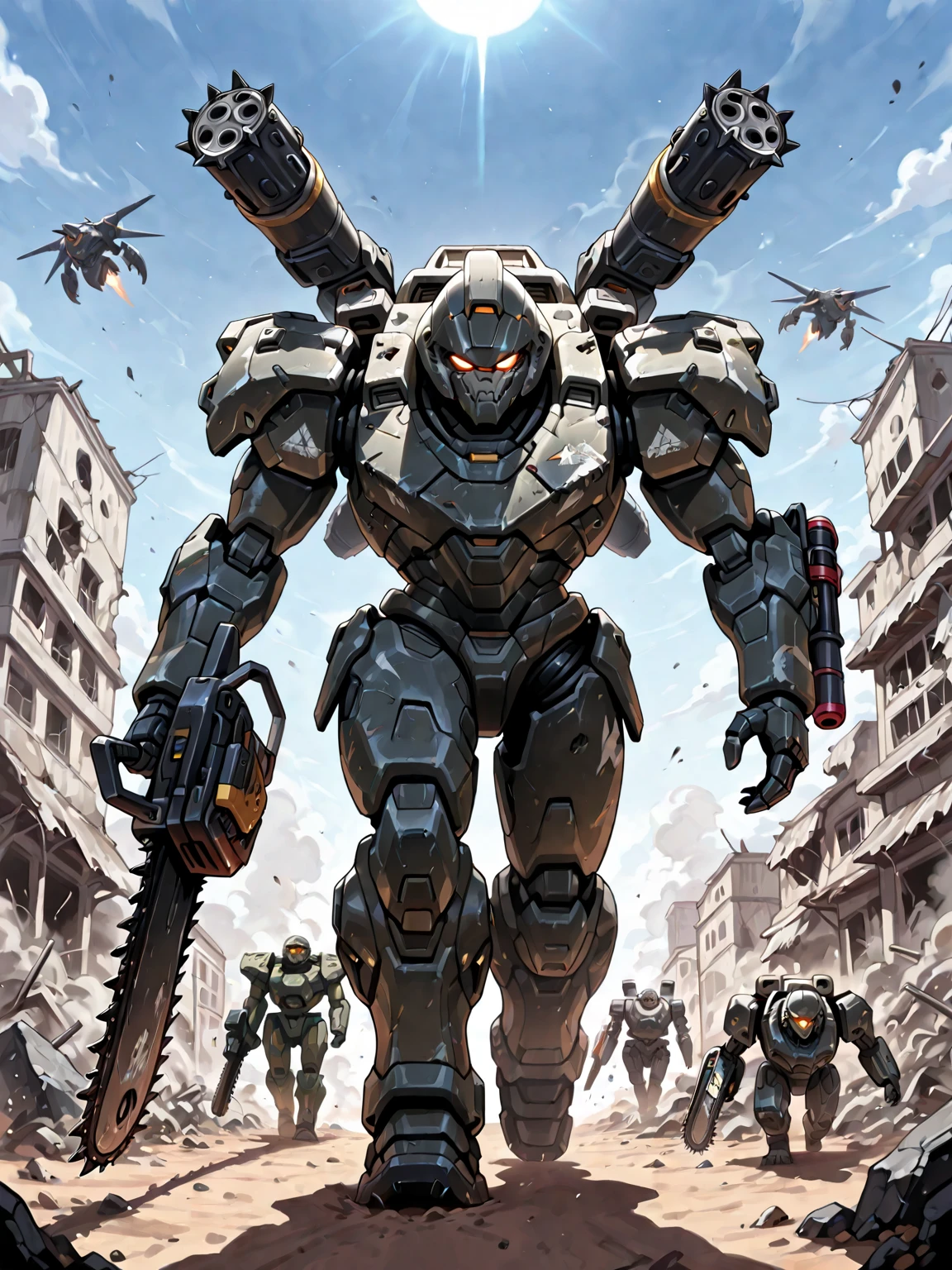 Armored Tank, a heavily armored battle tank, futuristic military vehicle, intricate mechanical details, gleaming metallic surface, imposing silhouette, treads tearing through the earth, advanced targeting systems, powerful cannon, clouds of smoke and debris, gritty war-torn environment, cinematic dramatic lighting, muted color palette, 8k, masterpiece, best quality, very aesthetic, absurdres