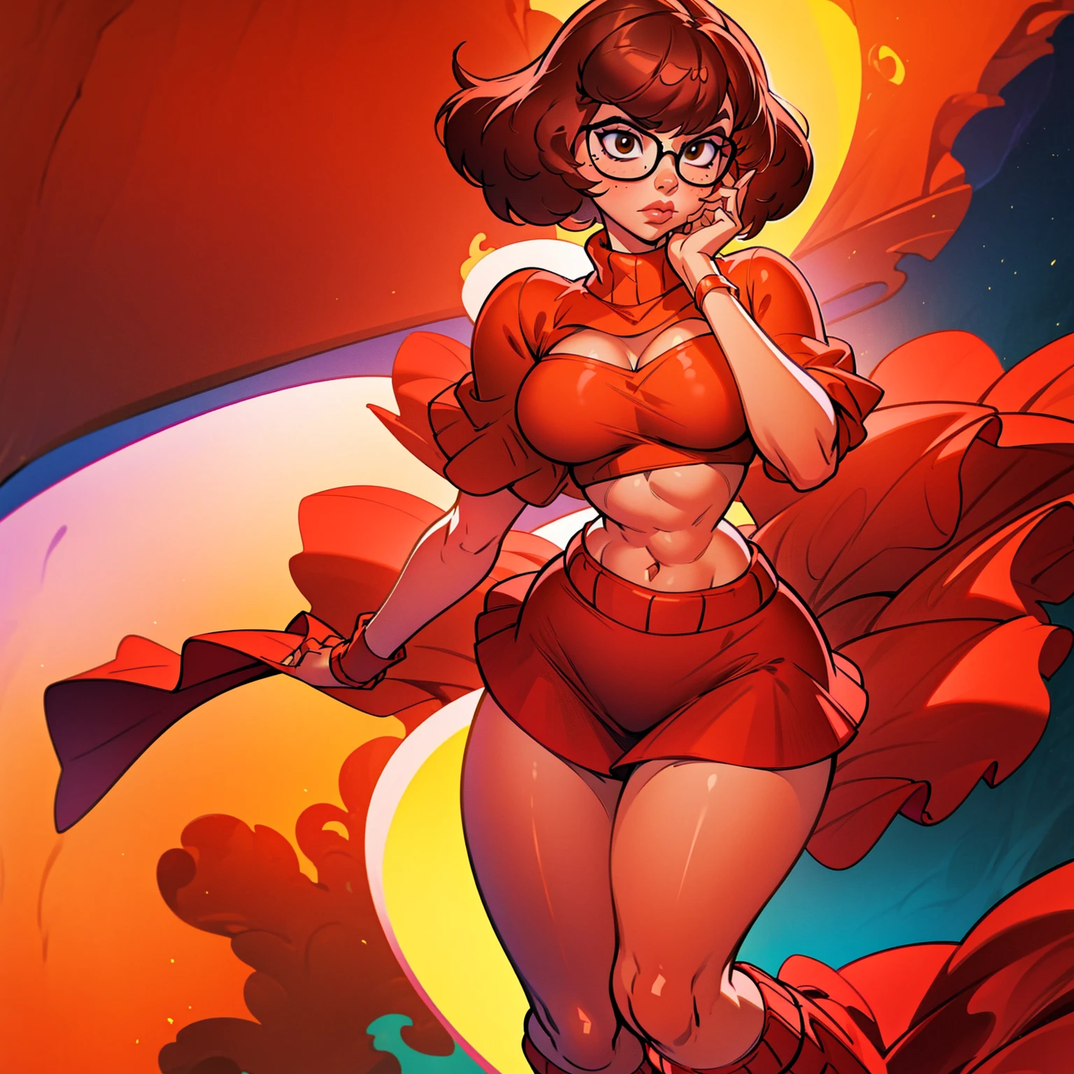 Velma from scooby doo, orange knit sweater, red skirt, frilled red skirt, thick thighs, wide hips, cowboy shot, pouty lips, mid breasts under sweater, glasses, brown hair, dark brown hair, cleavage, full body
