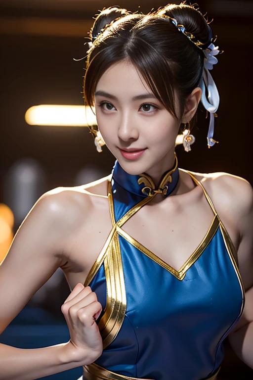 Full body view , photograpy of (ohwx woman) as Chun-Li,  bokeh, studio photograpy, eyes catchlights, Bunny outfit, high resolution,35mm photograph, film, bokeh, professional, 4k, highly detailed, detailed pupils,skin pores, crazy smile