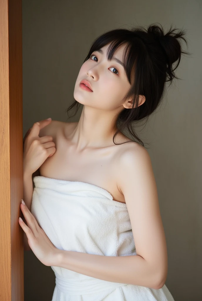 (8K, Best Quality, Masterpiece: 1.2), (Realistic, Photorealistic: 1.37), Ultra Detailed, Soft Light, One Girl, Cute, Solo, Beautiful Details Sky, Open Window, Blush, Pink Cheeks, (Shy Face: 1.15), (Shut Up), (Skinny: 1.7), (Flat Chest: 1.9), (Small Breast: 1.9), (Small Breast: 1.9), Beautiful delicate eyes, beautiful delicate nose, rain, (medium hair: 1.5), puffy novafrog style, visible, (black hair), squinted, thin eyebrows, mature face, ((towel slippery, wet skin, wet hair, wet face, disheveled hair)), arms spread, legs spreading)), open-air bath, Japan hot spring, hot spring, night